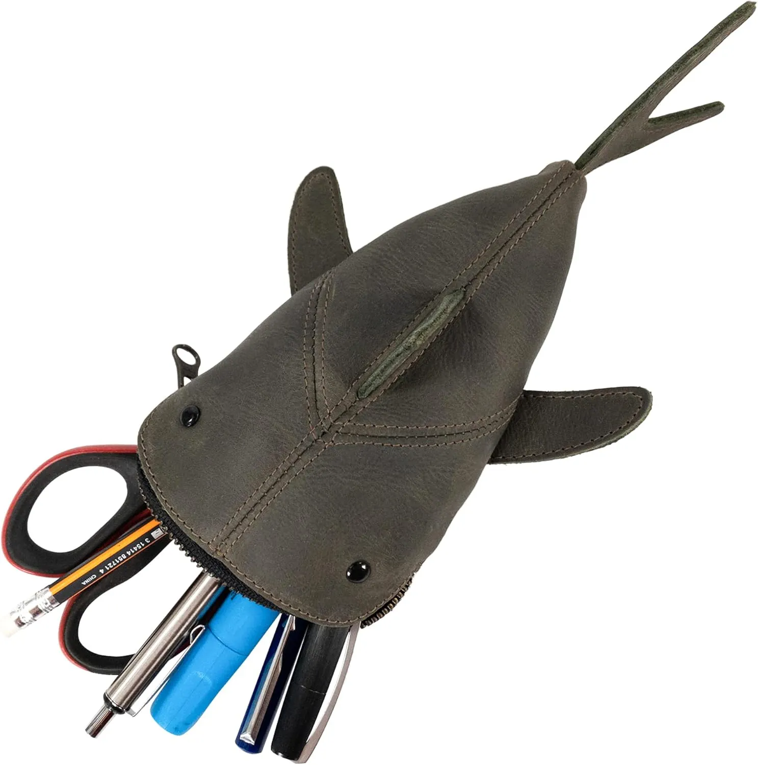 Hide & Drink, Zippered Coin Pouch, Shark Shaped Case, Stuffed Animal, Bank, Change Bag, Pencil Purse, Shark Shaped Cable Holder, Full Grain Leather, Handmade Wallet, Dark Jade