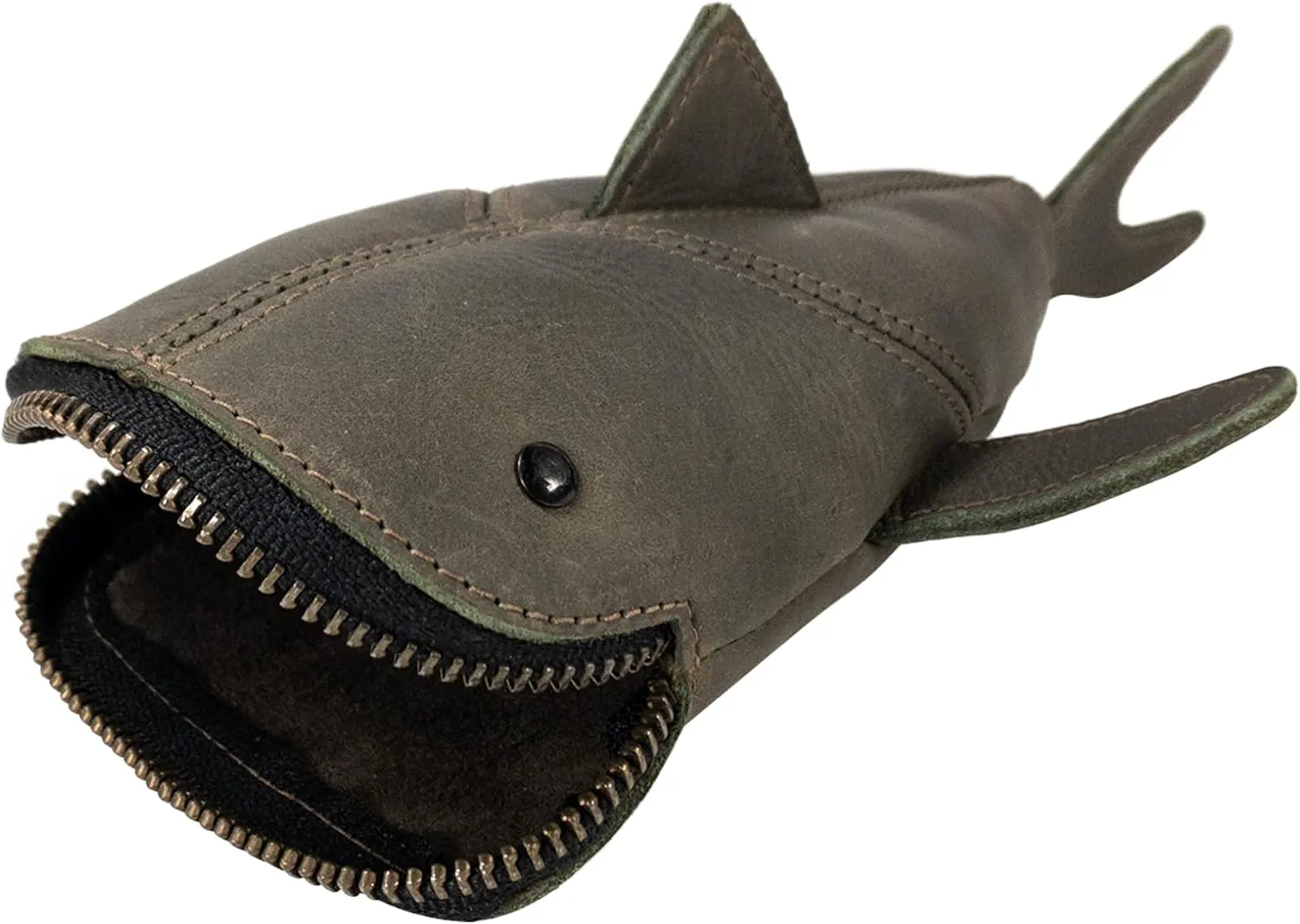 Hide & Drink, Zippered Coin Pouch, Shark Shaped Case, Stuffed Animal, Bank, Change Bag, Pencil Purse, Shark Shaped Cable Holder, Full Grain Leather, Handmade Wallet, Dark Jade