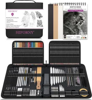 HIFORNY 126 PCS Drawing Kit Sketching Pencil Set,Sketch Pencils Art Supplies with 3-Color Sketchbook,Graphite,Charcoal,Blending and Drawing Tools,Drawing Pencils for Adults Artists in Zipper Case