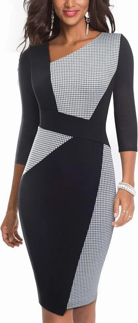 HOMEYEE Women Vintage Contrast Color Patchwork Office Pencil Work Business Dress B517