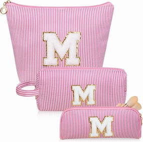 Initials Makeup Bag Set, Personalized Pink Cosmetic Bag, Cute Large Make up Bags, Travel Toiletry Bag for Women Girl Gifts M (Pink)