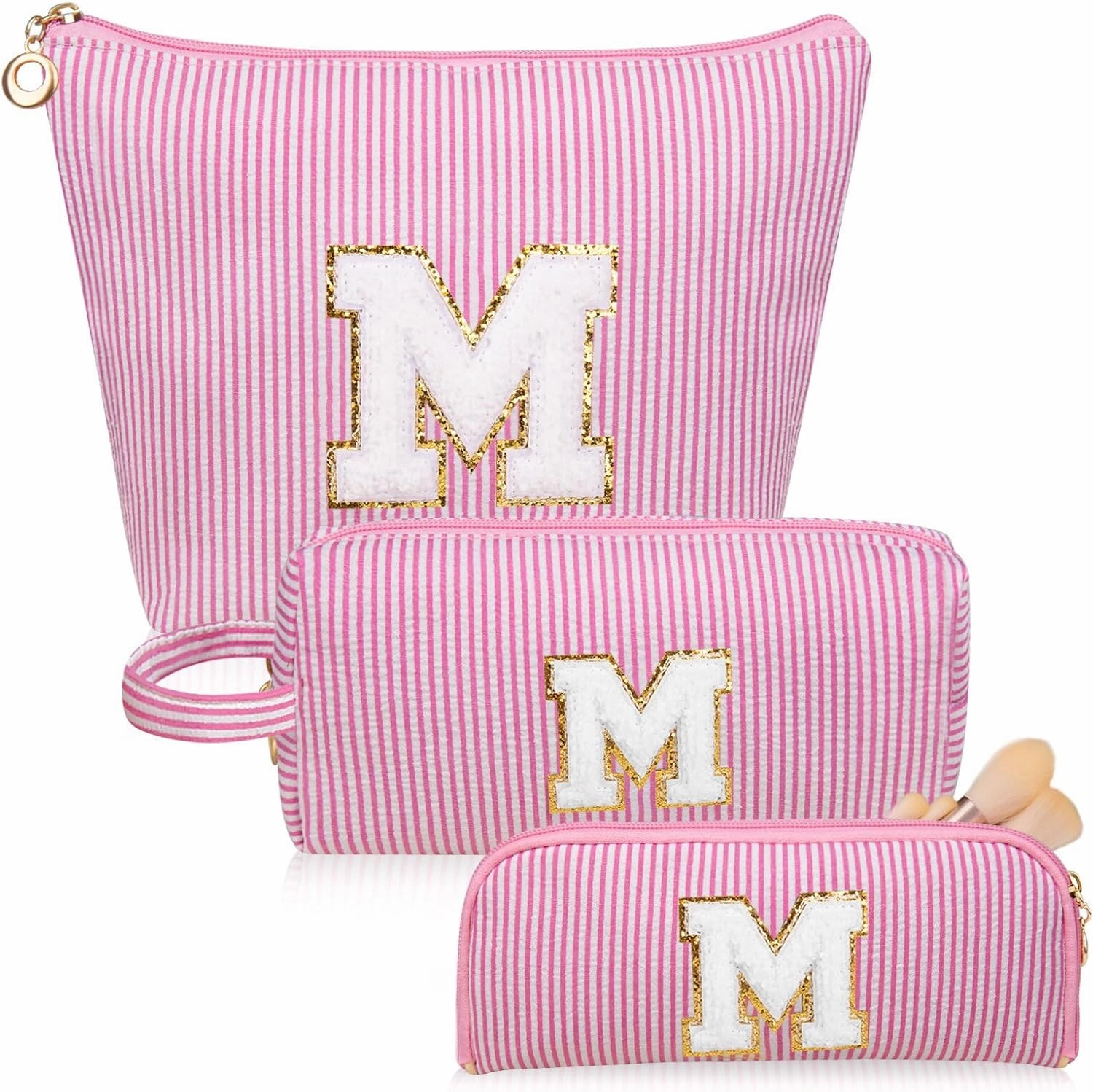 Initials Makeup Bag Set, Personalized Pink Cosmetic Bag, Cute Large Make up Bags, Travel Toiletry Bag for Women Girl Gifts M (Pink)