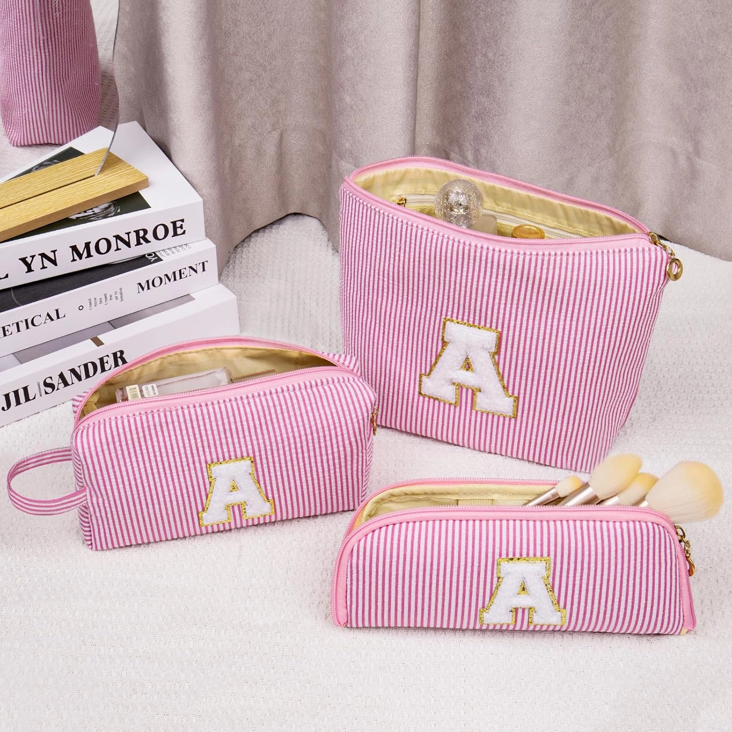 Initials Makeup Bag Set, Personalized Pink Cosmetic Bag, Cute Large Make up Bags, Travel Toiletry Bag for Women Girl Gifts M (Pink)