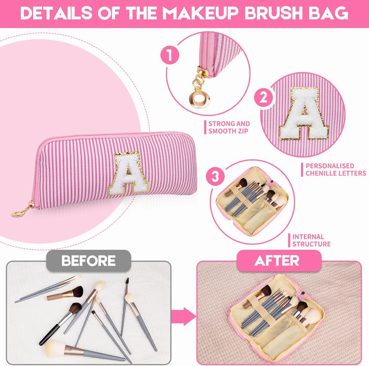 Initials Makeup Bag Set, Personalized Pink Cosmetic Bag, Cute Large Make up Bags, Travel Toiletry Bag for Women Girl Gifts M (Pink)