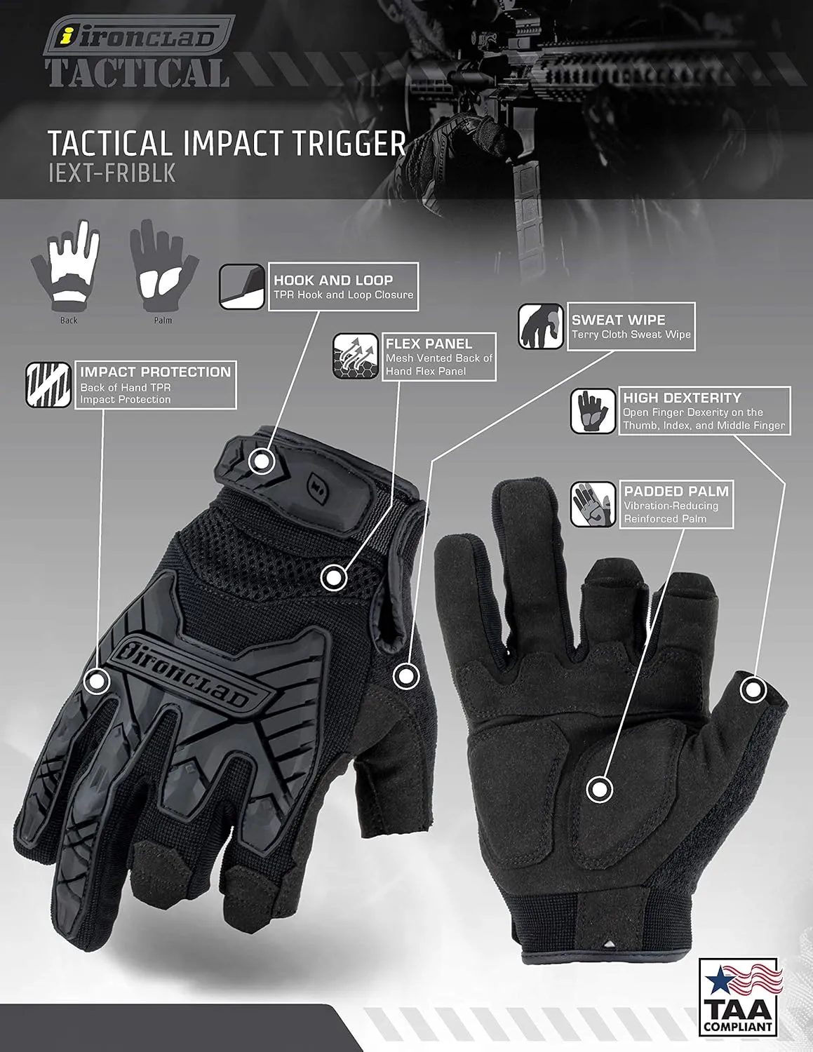 Ironclad Tactical Impact Trigger Gloves, TAA Compliant, Best for Military, Law Enforcement, Airsoft, Paintball, Machine Washable, Sized XS-XXXXL, Black (IEXT-FRIBLK-03-M), Medium (1 Pair)