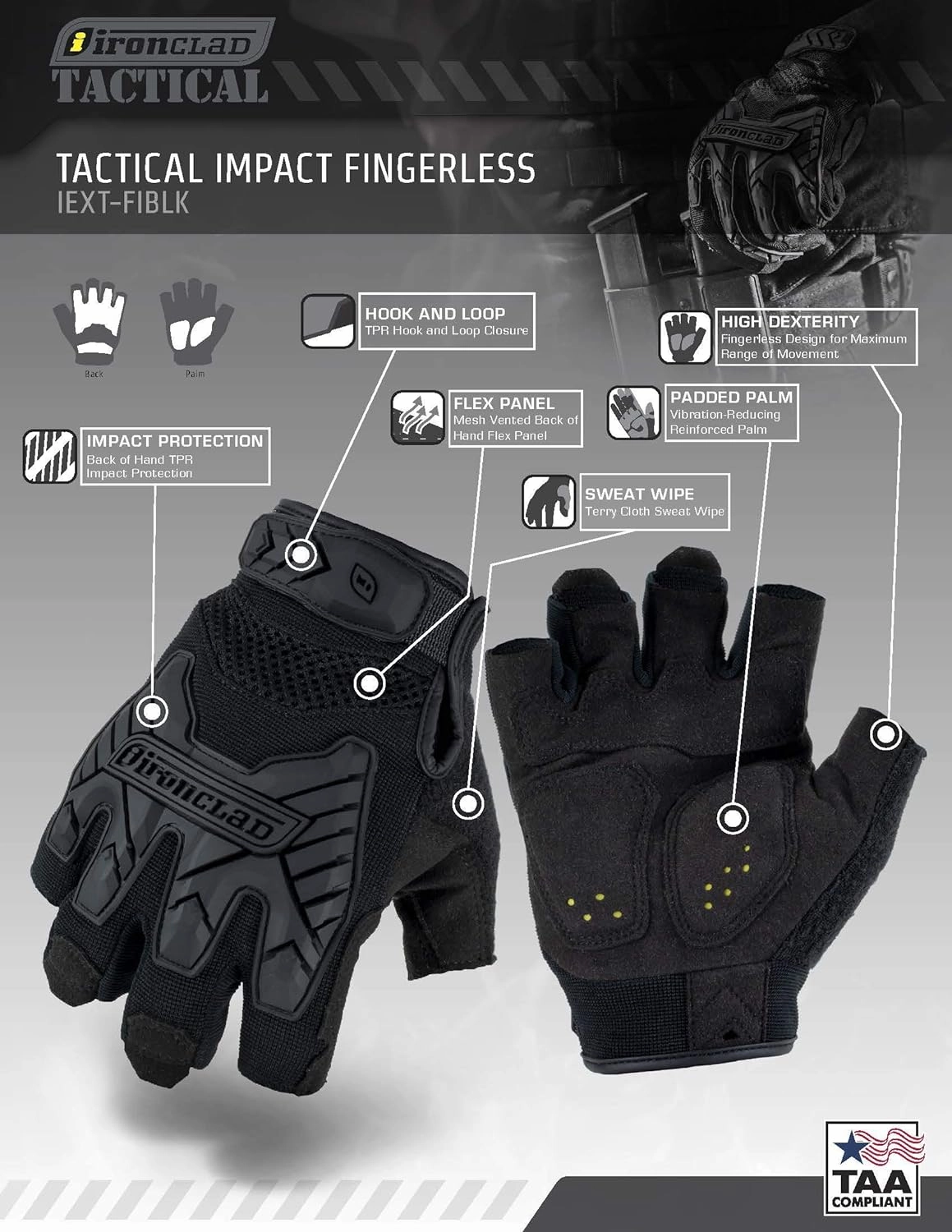 Ironclad IEXT-FIBLK-03-M Tactical Fingerless Impact Glove Black, Medium