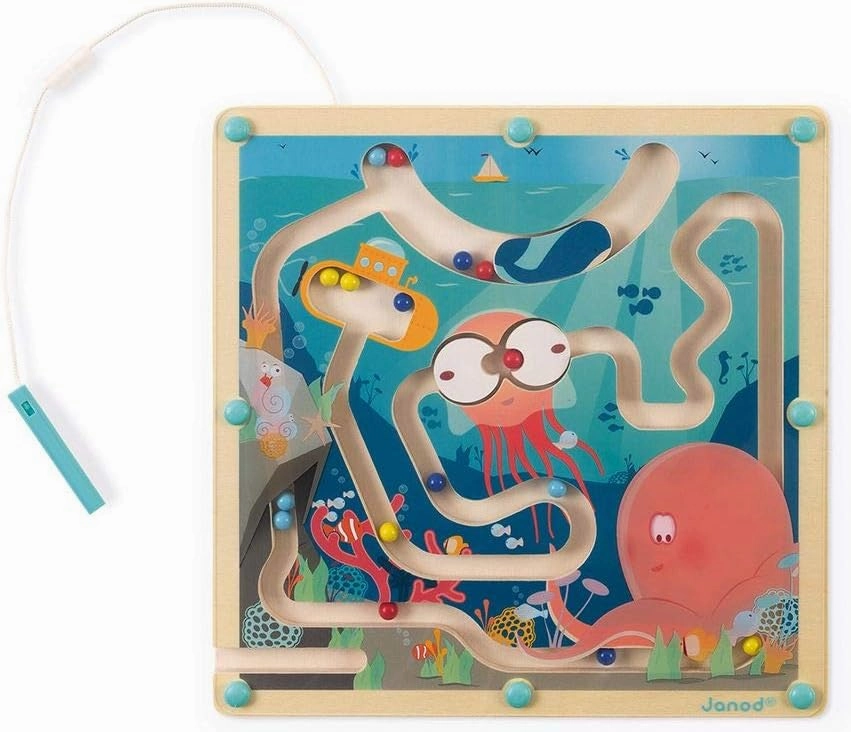 Janod - Magnetic Wooden Maze with Ocean Marbles - Development of Fine Motricity and Concentration - Format: 25 x 25 cm - FSC Certified - from 2 Years Onwards, J05312