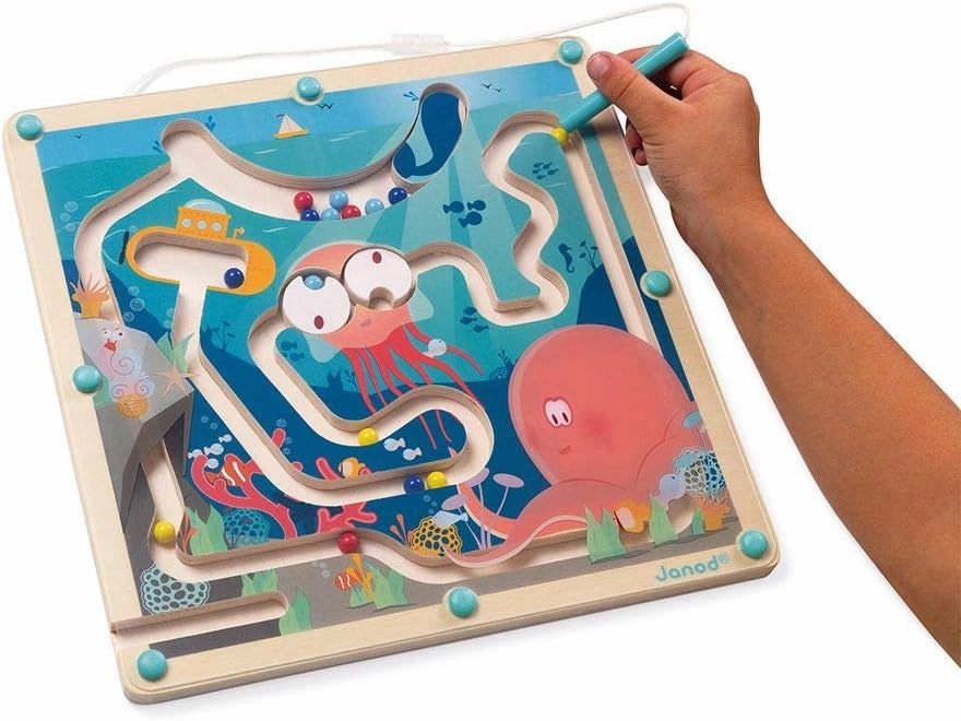 Janod - Magnetic Wooden Maze with Ocean Marbles - Development of Fine Motricity and Concentration - Format: 25 x 25 cm - FSC Certified - from 2 Years Onwards, J05312