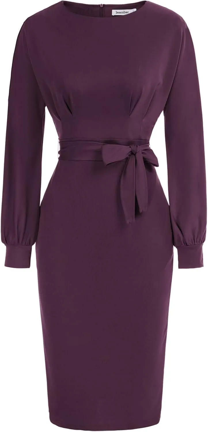 JASAMBAC Women's Bodycon Pencil Dress Office Wear to Work Dresses with Pocket Belt
