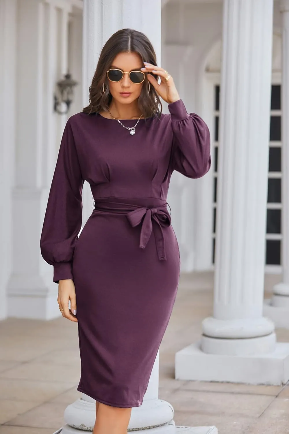 JASAMBAC Women's Bodycon Pencil Dress Office Wear to Work Dresses with Pocket Belt