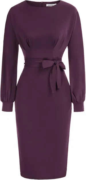 JASAMBAC Women's Bodycon Pencil Dress Office Wear to Work Dresses with Pocket Belt
