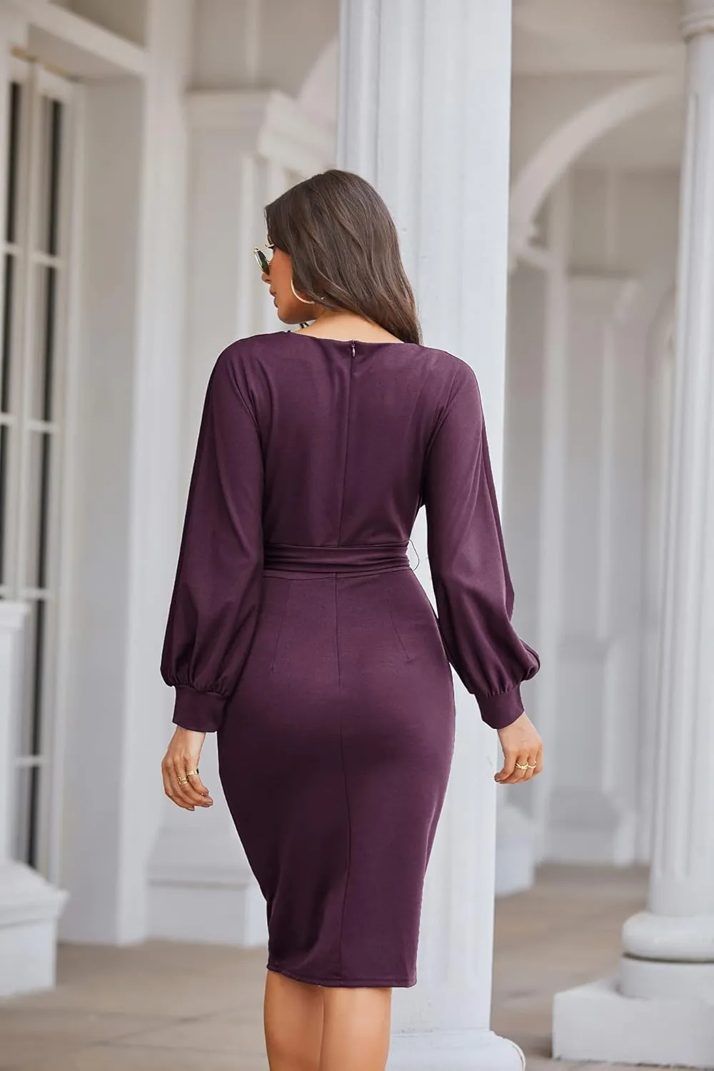 JASAMBAC Women's Bodycon Pencil Dress Office Wear to Work Dresses with Pocket Belt