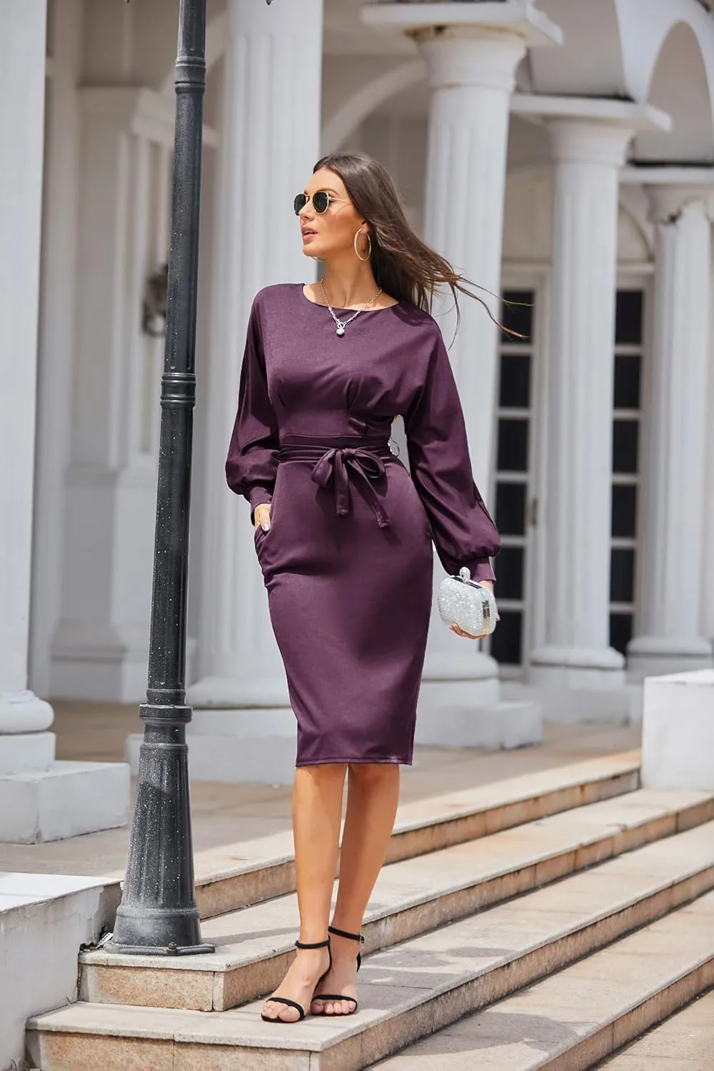JASAMBAC Women's Bodycon Pencil Dress Office Wear to Work Dresses with Pocket Belt