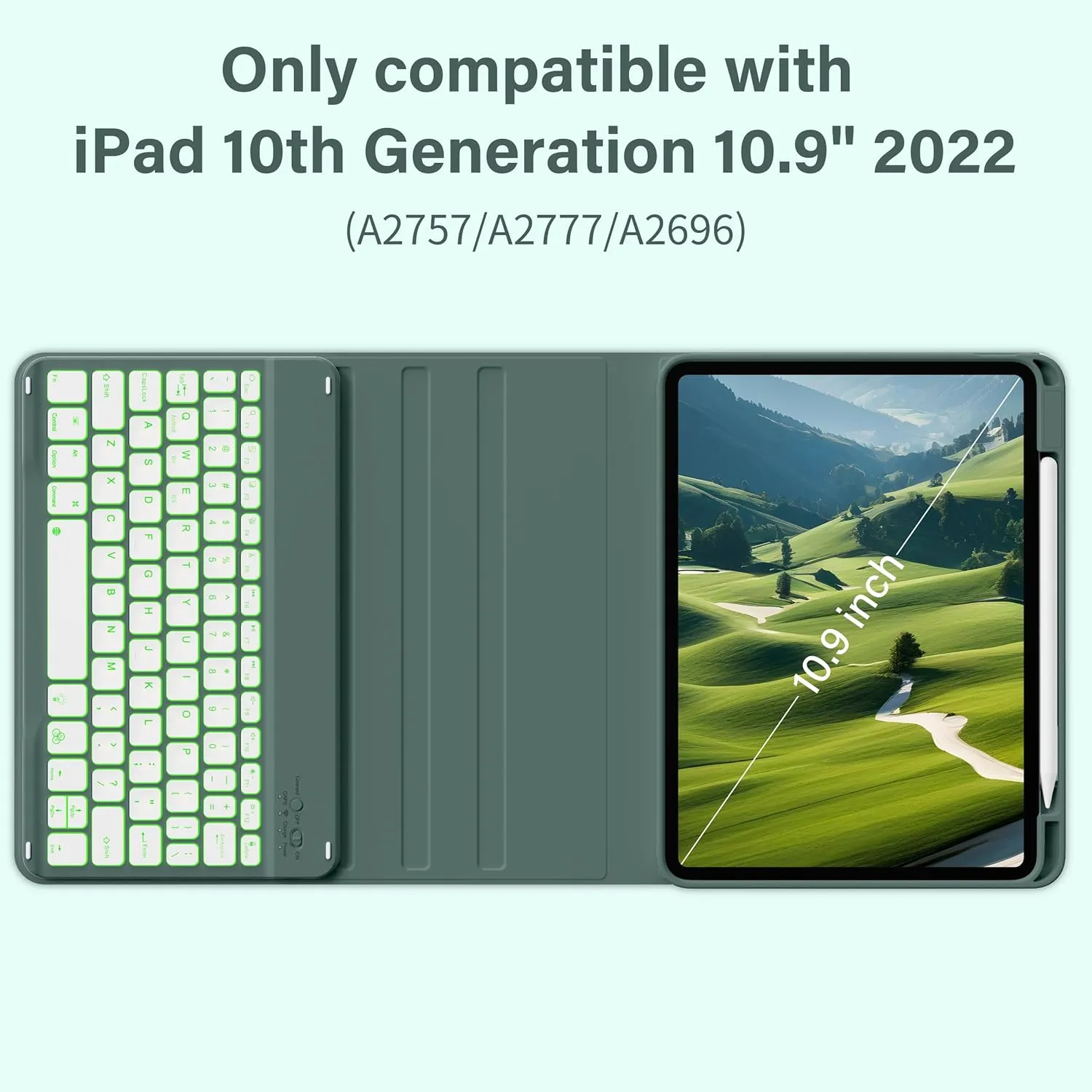 JKSML Keyboard Case for iPad 11th 10th Generation 11/10.9 inch A16 2025/2022, 7 Colors Backlit, Detachable Wireless Keyboard for iPad 10th Gen, Built-in Pencil Holder, Auto Sleep/Wake, Dark Green