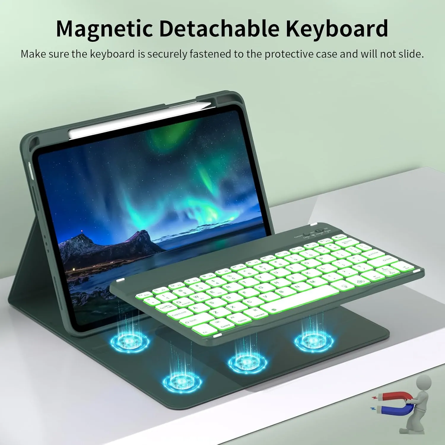 JKSML Keyboard Case for iPad 11th 10th Generation 11/10.9 inch A16 2025/2022, 7 Colors Backlit, Detachable Wireless Keyboard for iPad 10th Gen, Built-in Pencil Holder, Auto Sleep/Wake, Dark Green