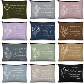 Kacctyen 12 Pcs Christian Mother's Day Gifts Makeup Bag Spanish Verses Inspirational Gift for Women Bible Verse Cosmetic Bag in Spanish Zipper Pouch for Mom Church Religious Prayer(Dark Morandi Style)