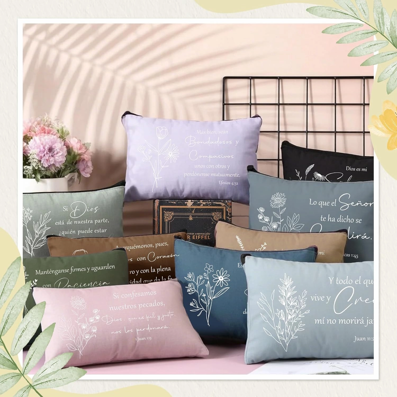 Kacctyen 12 Pcs Christian Mother's Day Gifts Makeup Bag Spanish Verses Inspirational Gift for Women Bible Verse Cosmetic Bag in Spanish Zipper Pouch for Mom Church Religious Prayer(Dark Morandi Style)