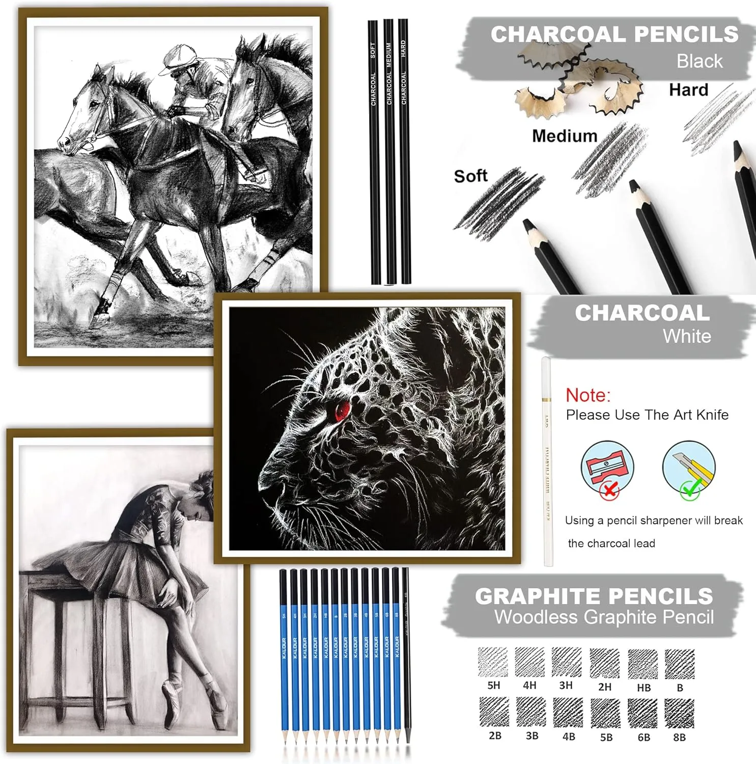 KALOUR 33 Pieces Pro Drawing Kit Sketching Pencils Set,Portable Zippered Travel Case-Charcoal Pencils, Sketch Pencils, Charcoal Stick,Sharpener,Eraser.Art Supplies for Artists Beginner Adults Teens