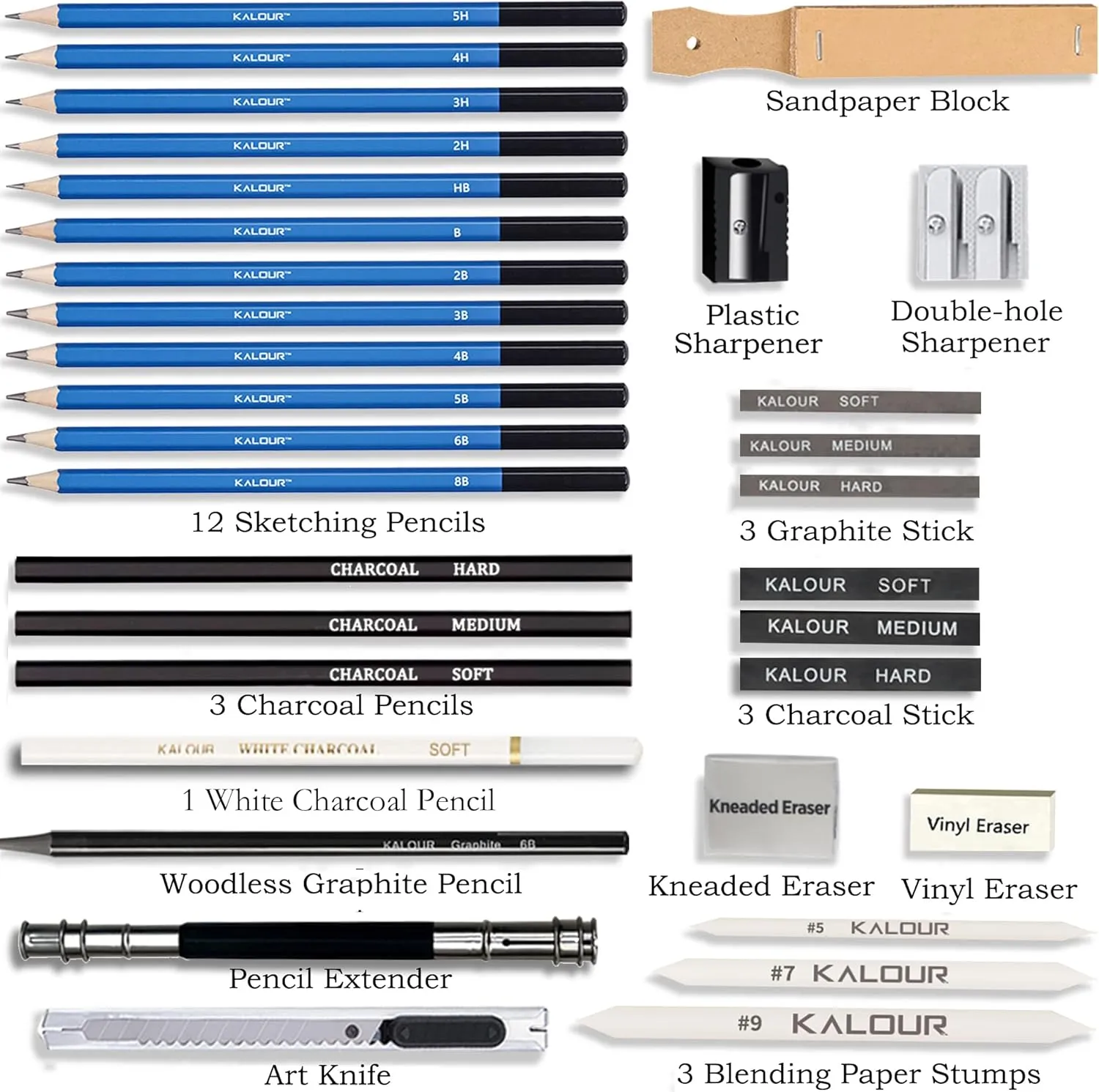 KALOUR 33 Pieces Pro Drawing Kit Sketching Pencils Set,Portable Zippered Travel Case-Charcoal Pencils, Sketch Pencils, Charcoal Stick,Sharpener,Eraser.Art Supplies for Artists Beginner Adults Teens