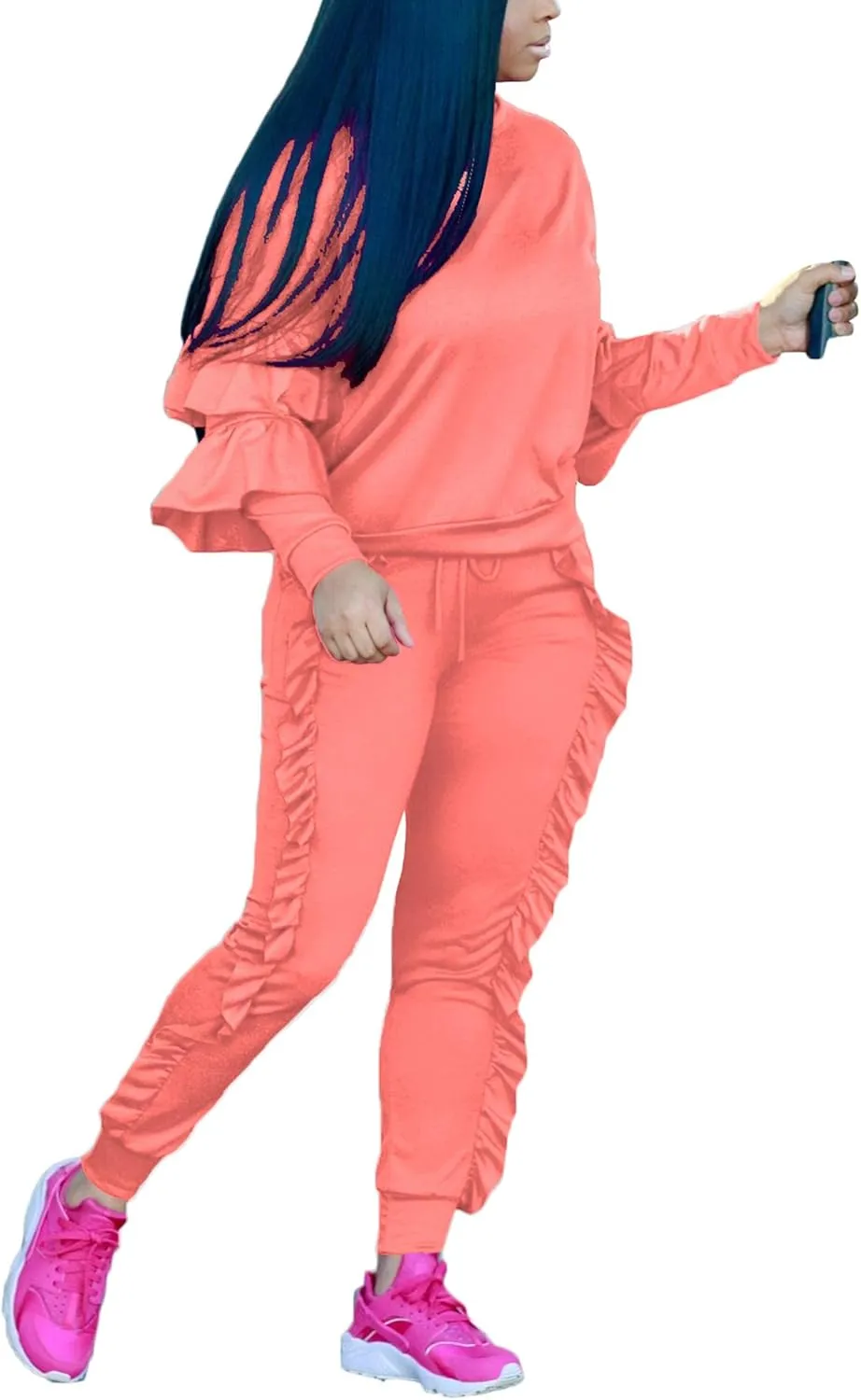 KANSOON Women 2 Pieces Outfits Puff Sleeve Top and Long Flounced Pants Sweatsuits Set Tracksuits
