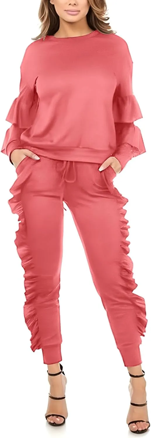 KANSOON Women 2 Pieces Outfits Puff Sleeve Top and Long Flounced Pants Sweatsuits Set Tracksuits