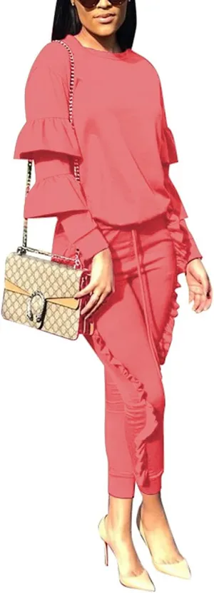 KANSOON Women 2 Pieces Outfits Puff Sleeve Top and Long Flounced Pants Sweatsuits Set Tracksuits