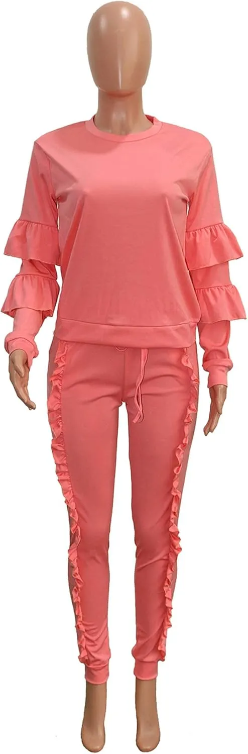 KANSOON Women 2 Pieces Outfits Puff Sleeve Top and Long Flounced Pants Sweatsuits Set Tracksuits