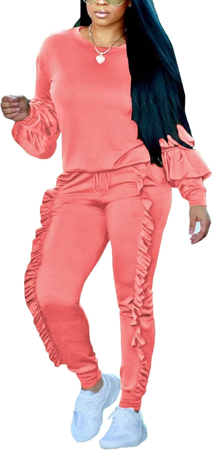 KANSOON Women 2 Pieces Outfits Puff Sleeve Top and Long Flounced Pants Sweatsuits Set Tracksuits