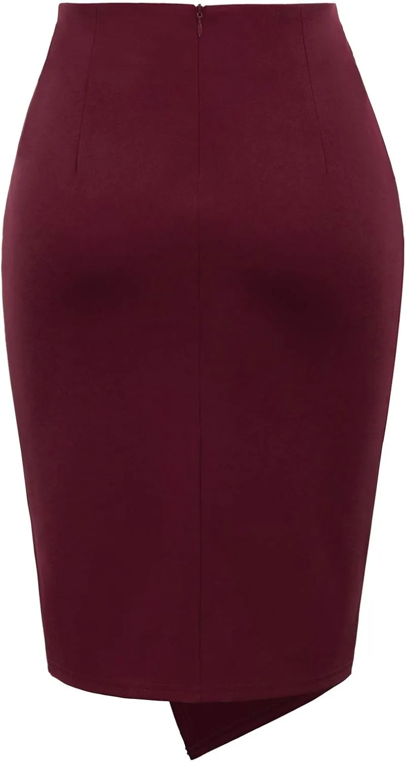 Kate Kasin Wear to Work Pencil Skirts for Women Elastic High Waist Wrap Front Knee Length Bodycon Skirt Tummy Control