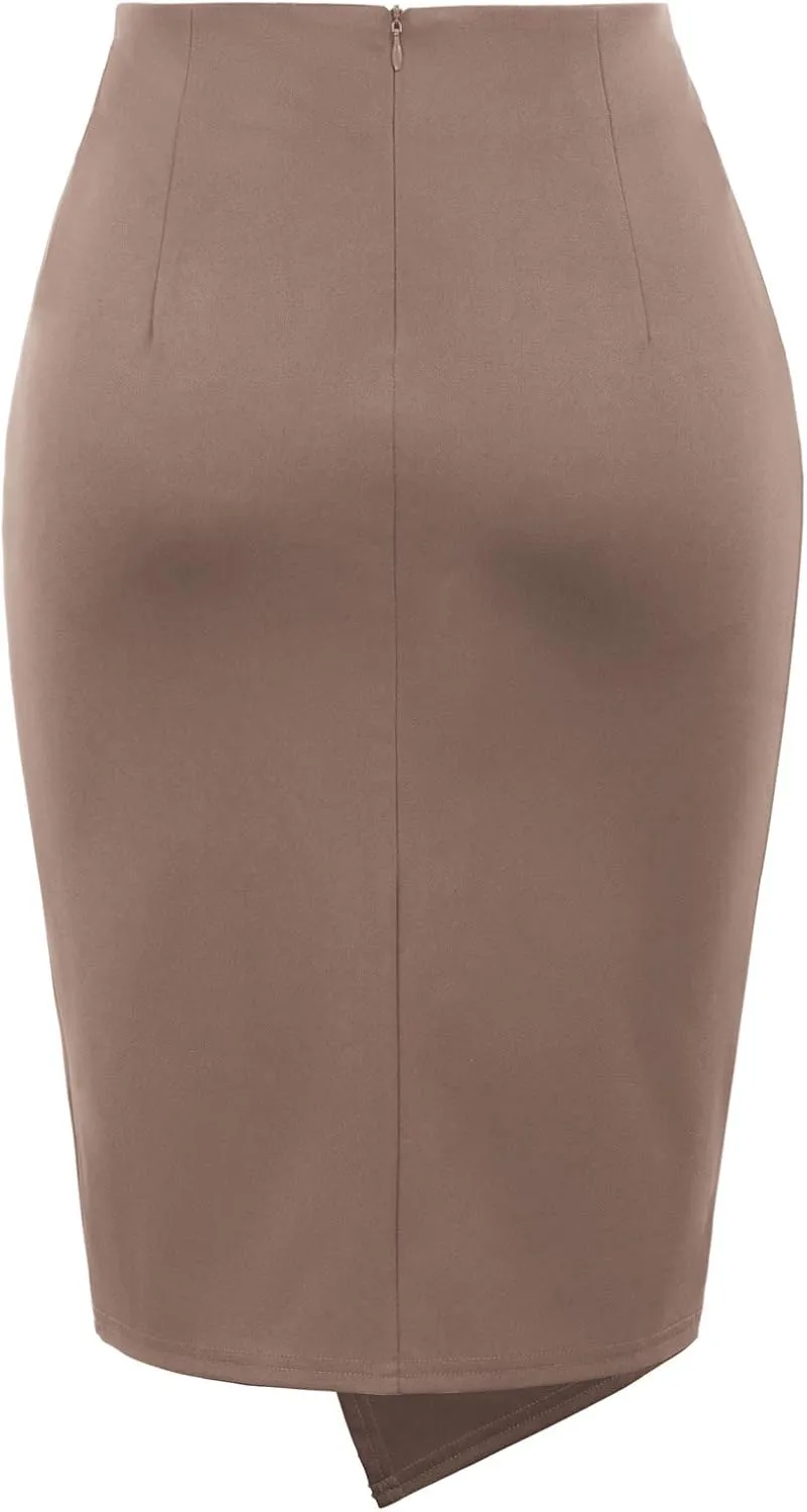 Kate Kasin Wear to Work Pencil Skirts for Women Elastic High Waist Wrap Front Knee Length Bodycon Skirt Tummy Control