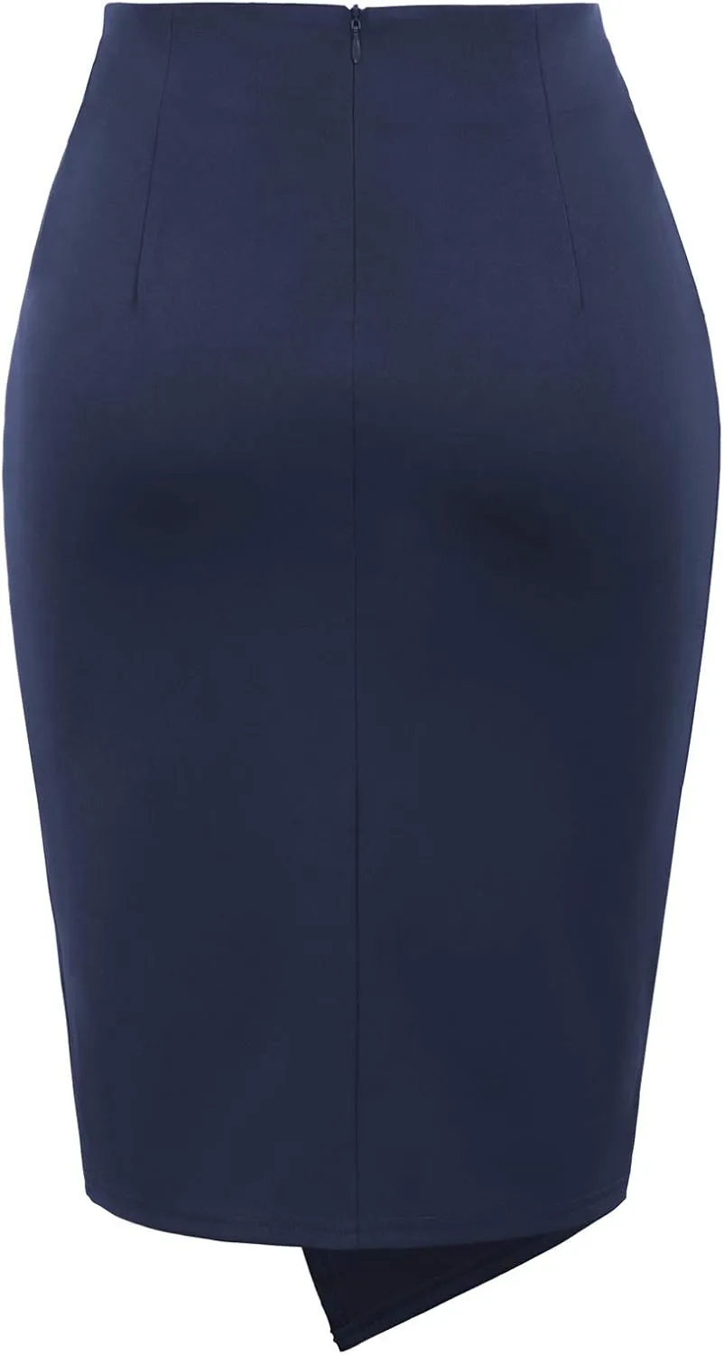 Kate Kasin Wear to Work Pencil Skirts for Women Elastic High Waist Wrap Front Knee Length Bodycon Skirt Tummy Control