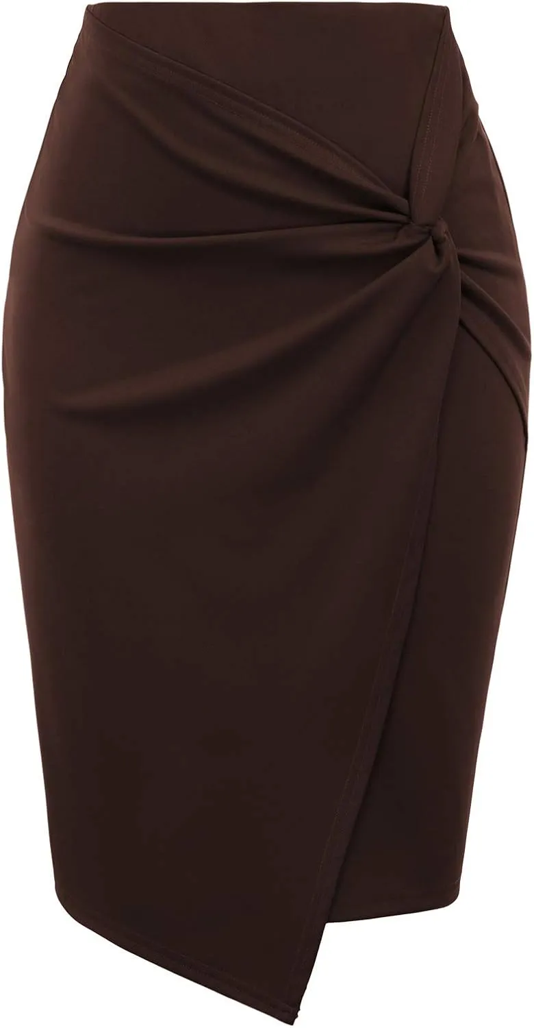 Kate Kasin Wear to Work Pencil Skirts for Women Elastic High Waist Wrap Front Knee Length Bodycon Skirt Tummy Control