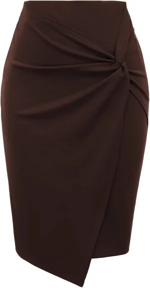 Kate Kasin Wear to Work Pencil Skirts for Women Elastic High Waist Wrap Front Knee Length Bodycon Skirt Tummy Control