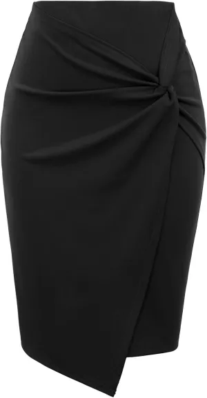 Kate Kasin Wear to Work Pencil Skirts for Women Elastic High Waist Wrap Front Knee Length Bodycon Skirt Tummy Control