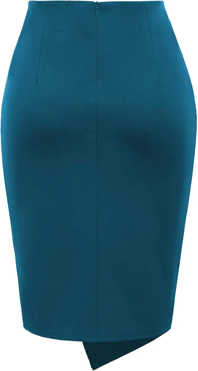 Kate Kasin Wear to Work Pencil Skirts for Women Elastic High Waist Wrap Front Knee Length Bodycon Skirt Tummy Control