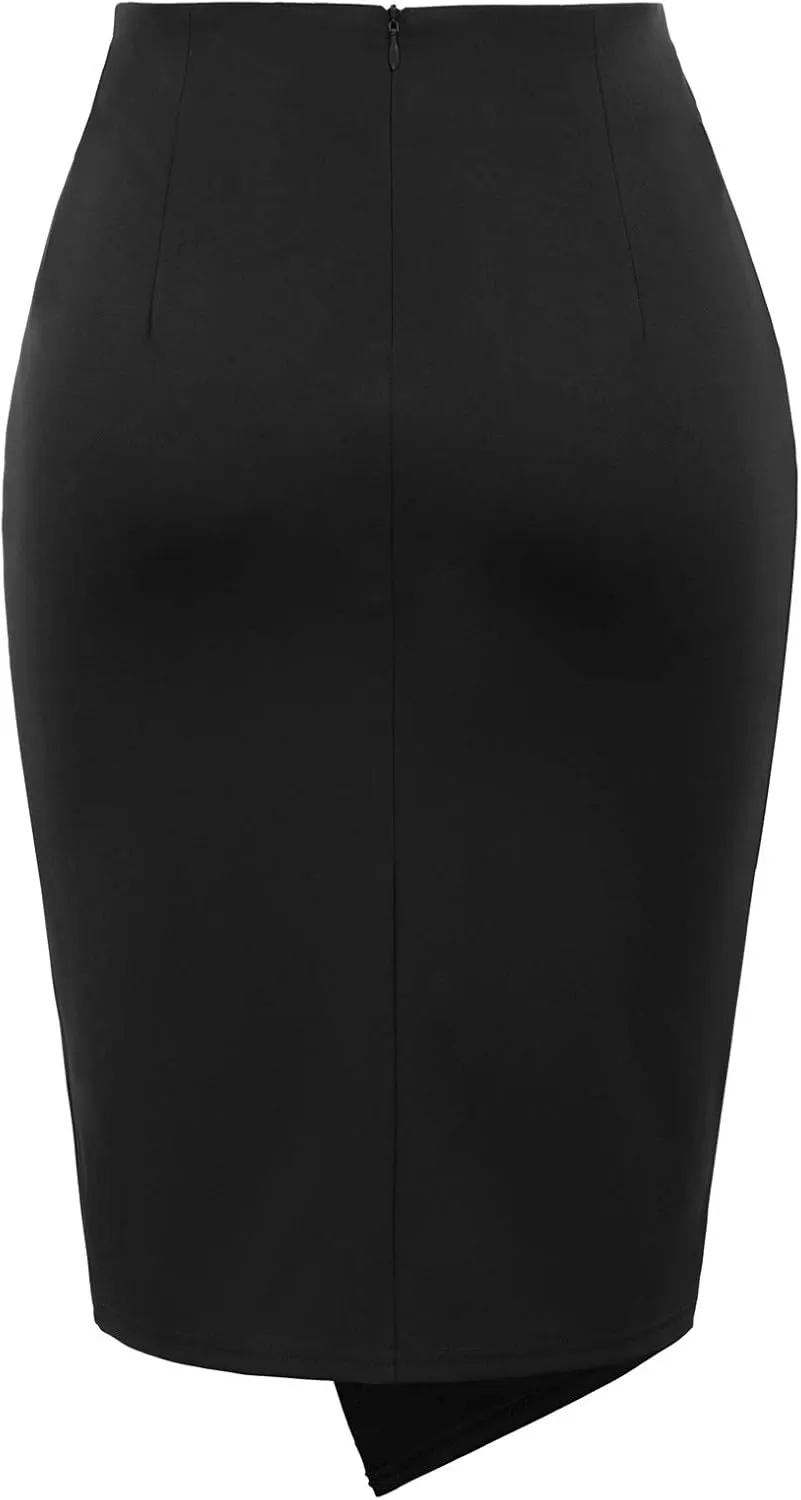 Kate Kasin Wear to Work Pencil Skirts for Women Elastic High Waist Wrap Front Knee Length Bodycon Skirt Tummy Control