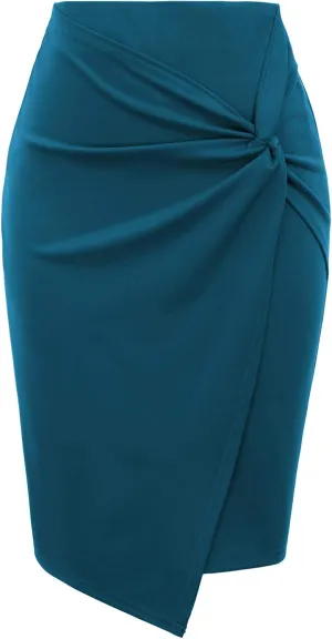 Kate Kasin Wear to Work Pencil Skirts for Women Elastic High Waist Wrap Front Knee Length Bodycon Skirt Tummy Control