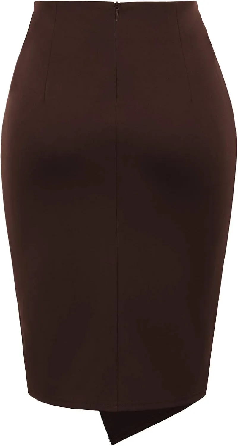 Kate Kasin Wear to Work Pencil Skirts for Women Elastic High Waist Wrap Front Knee Length Bodycon Skirt Tummy Control