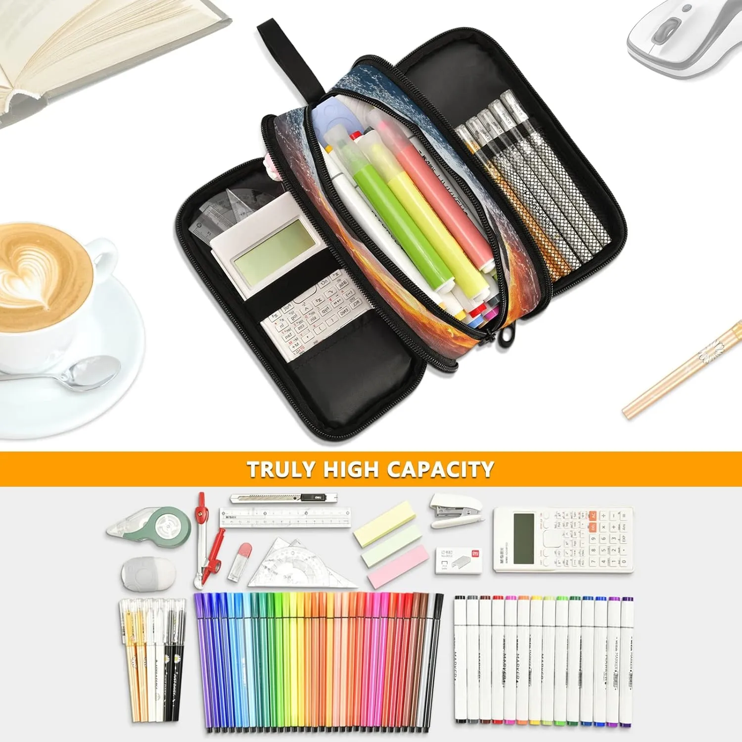 Kcldeci Soccer Ball in Fire and Water Pencil Case, Pencil Bag Storage Pouch Pen Pencil Marker Stationery Bag Holder for Middle High School College and Office
