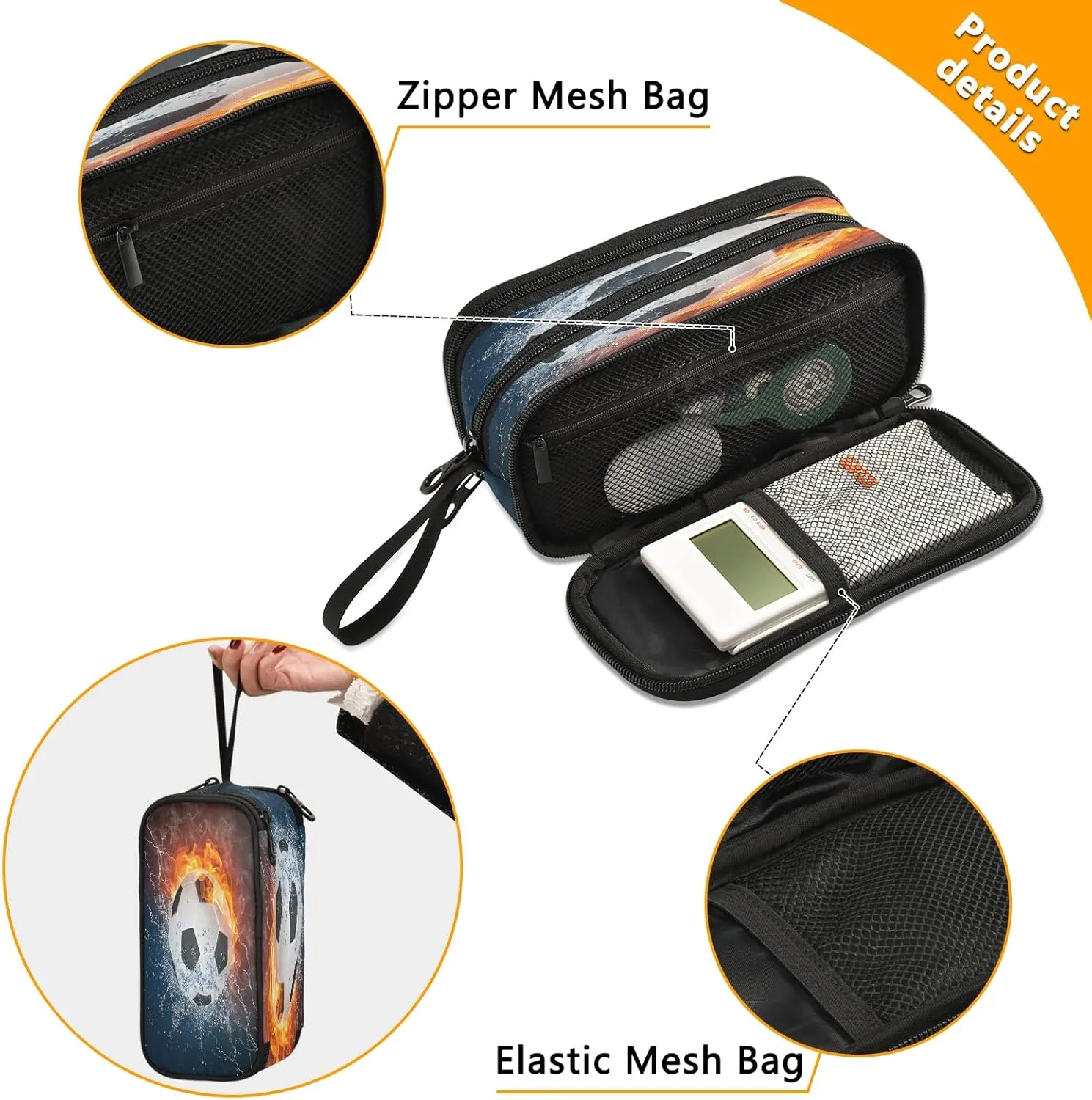 Kcldeci Soccer Ball in Fire and Water Pencil Case, Pencil Bag Storage Pouch Pen Pencil Marker Stationery Bag Holder for Middle High School College and Office