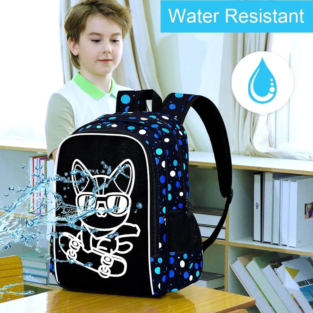 KLFVB 3PCS Boys Dog Bookbag, Luminous School Backpacks with Lunch Box, 17" Water Resistant Kids Camo Bookbag for Middle Elementary Teens to School Travel - Luminous Dog