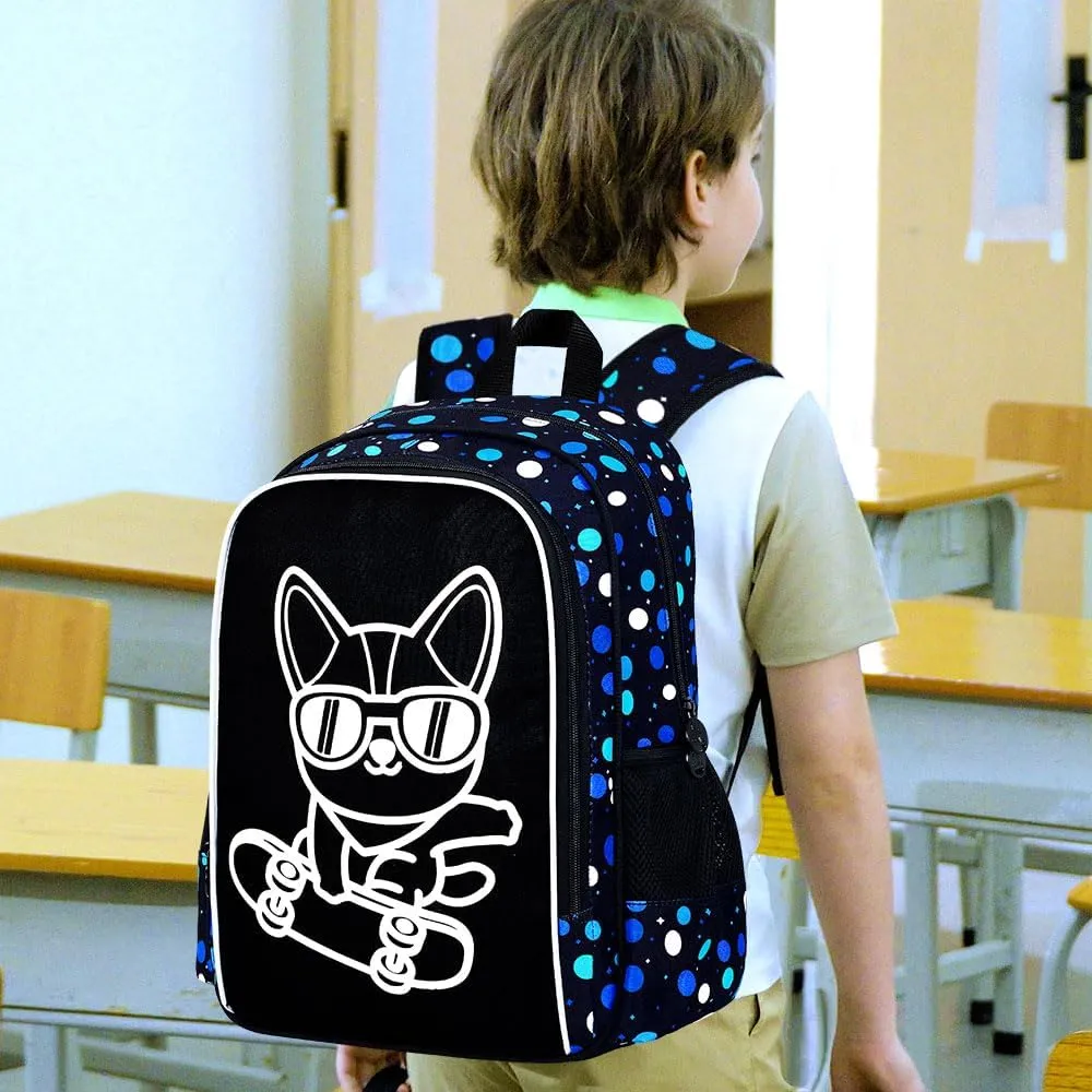 KLFVB 3PCS Boys Dog Bookbag, Luminous School Backpacks with Lunch Box, 17" Water Resistant Kids Camo Bookbag for Middle Elementary Teens to School Travel - Luminous Dog