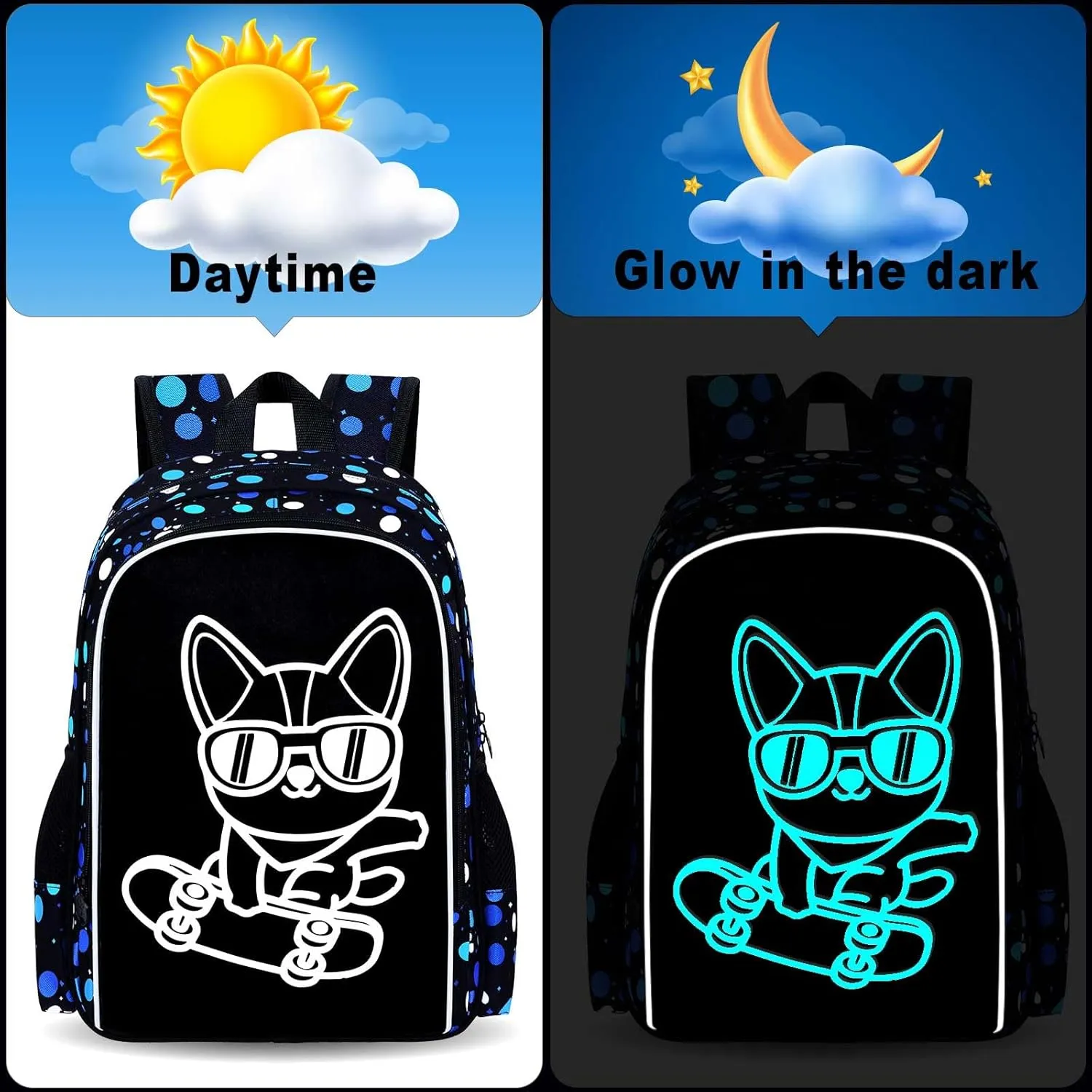 KLFVB 3PCS Boys Dog Bookbag, Luminous School Backpacks with Lunch Box, 17" Water Resistant Kids Camo Bookbag for Middle Elementary Teens to School Travel - Luminous Dog