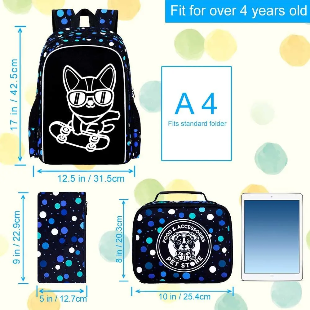 KLFVB 3PCS Boys Dog Bookbag, Luminous School Backpacks with Lunch Box, 17" Water Resistant Kids Camo Bookbag for Middle Elementary Teens to School Travel - Luminous Dog