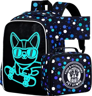 KLFVB 3PCS Boys Dog Bookbag, Luminous School Backpacks with Lunch Box, 17" Water Resistant Kids Camo Bookbag for Middle Elementary Teens to School Travel - Luminous Dog