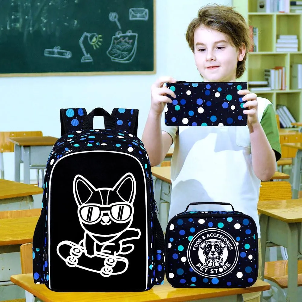 KLFVB 3PCS Boys Dog Bookbag, Luminous School Backpacks with Lunch Box, 17" Water Resistant Kids Camo Bookbag for Middle Elementary Teens to School Travel - Luminous Dog