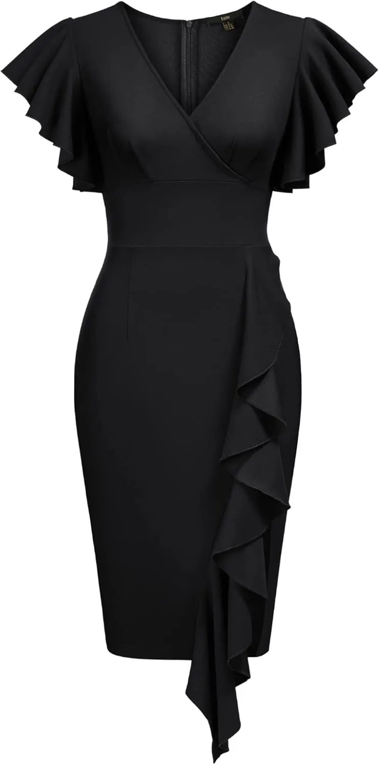 Knitee Women's Deep-V Neck Ruffle Sleeves Cocktail Party Pencil Slit Formal Dress