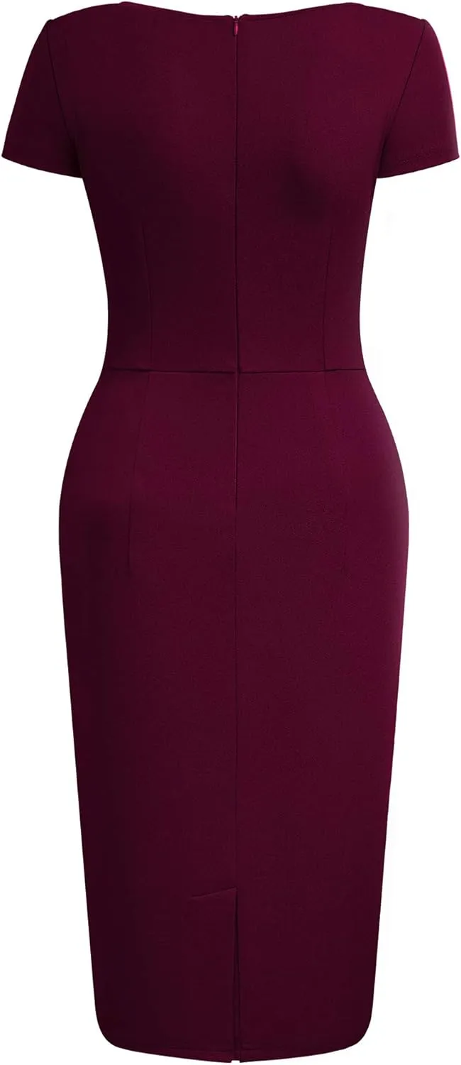 Knitee Women's Retro 50s Style V Neck Ruffle Party Cocktail Pencil Dress