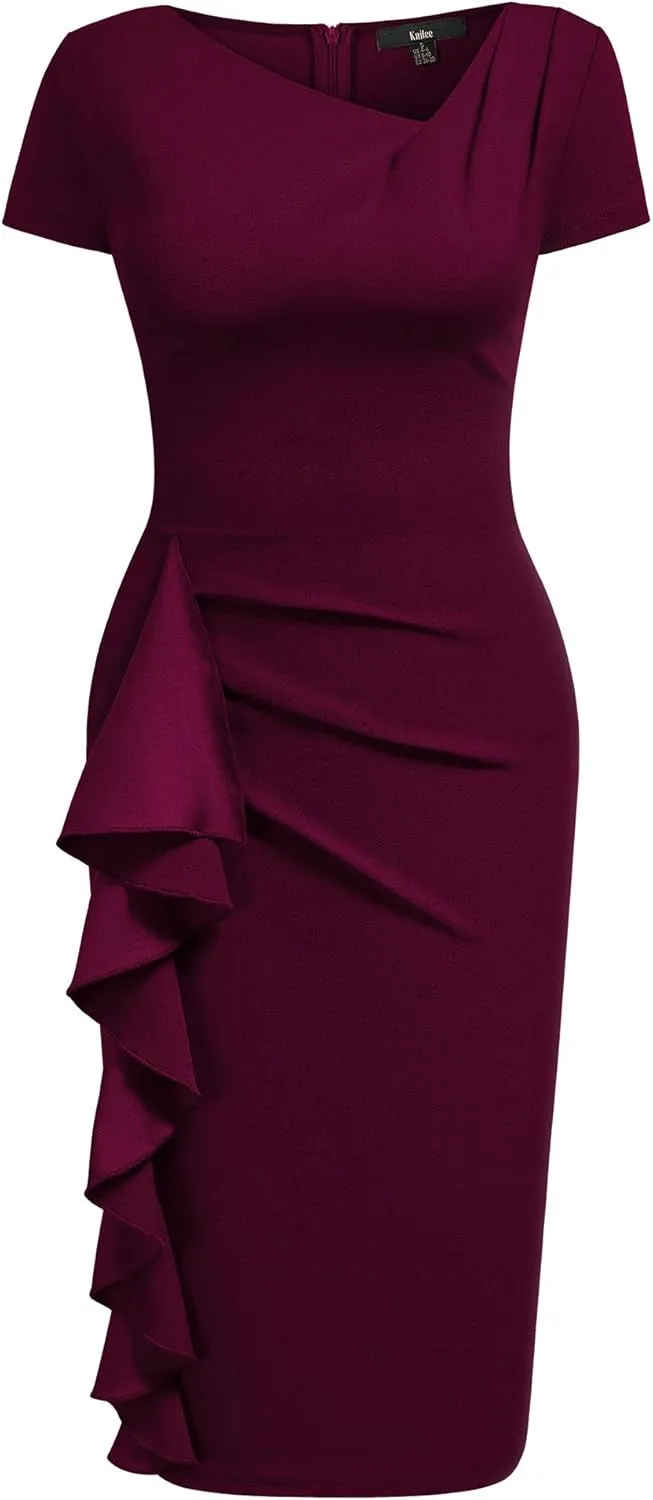 Knitee Women's Retro 50s Style V Neck Ruffle Party Cocktail Pencil Dress
