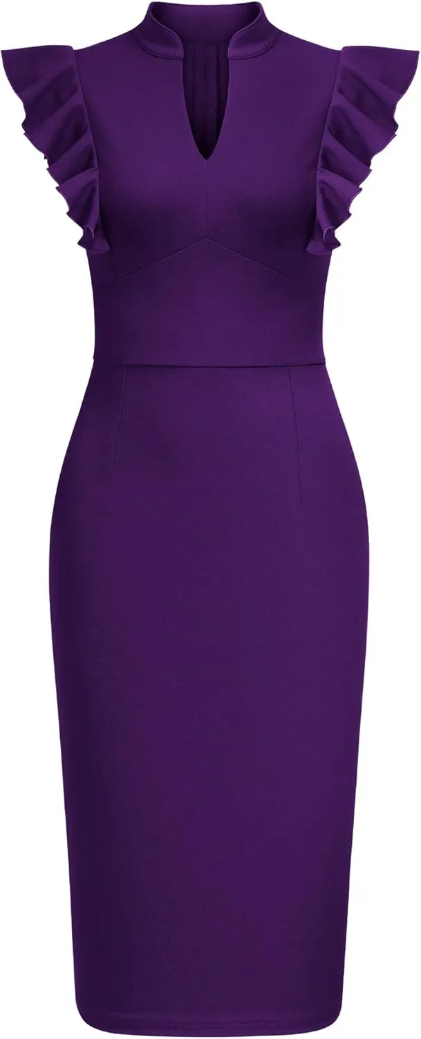 Knitee Women's Vintage Ruffle Sleeve V-Neck Bodycon Evening Party Cocktail Pencil Sheath Dress